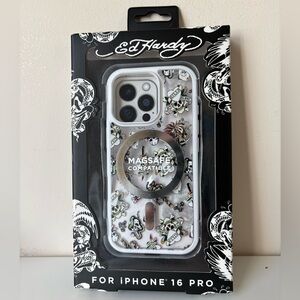 Ed Hardy iPhone 16 Pro Phone Case White Love Kills Slow Y2K Tattoo Graphics New